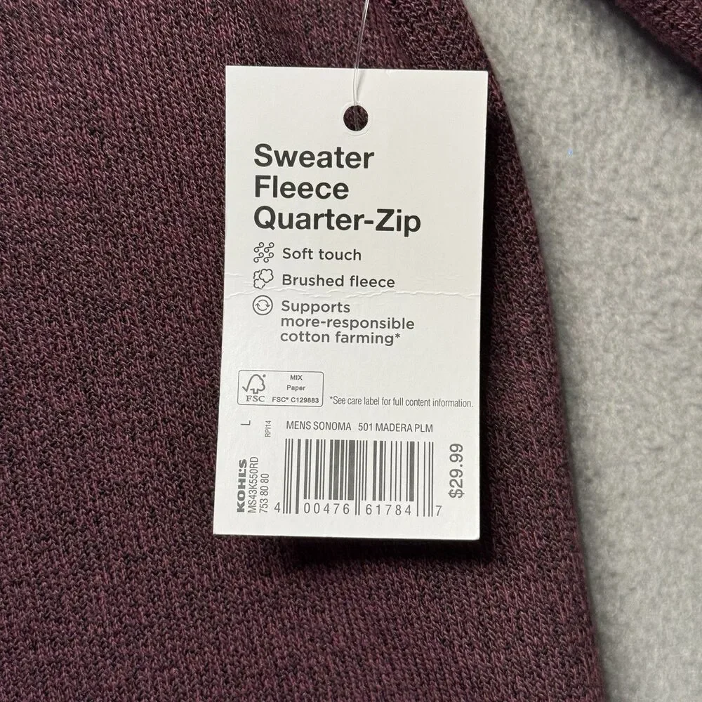 Sonoma Mens Large Fleece Quarter Zip Pullover Burgundy Sweater Soft Outdoor NWT